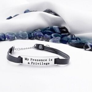 Black Leather Bracelet with Stainless Steel Plate - My Presence is a Privilege